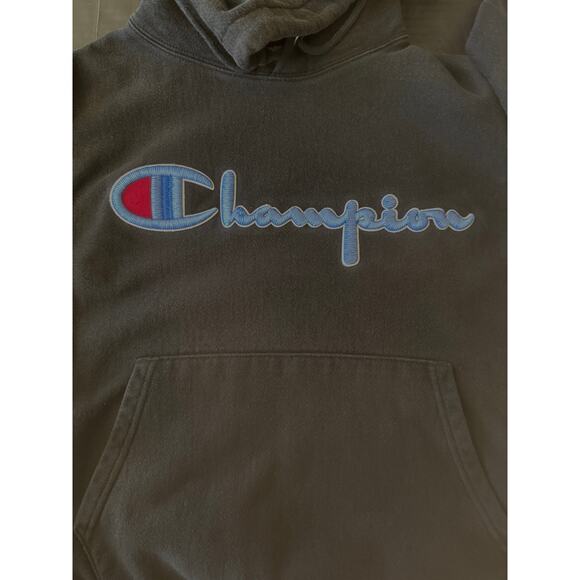 Vtg Champion Reverse Weave Black Hoodie SZ S Spell Out Faded Sweater Destroyed - Picture 9 of 11